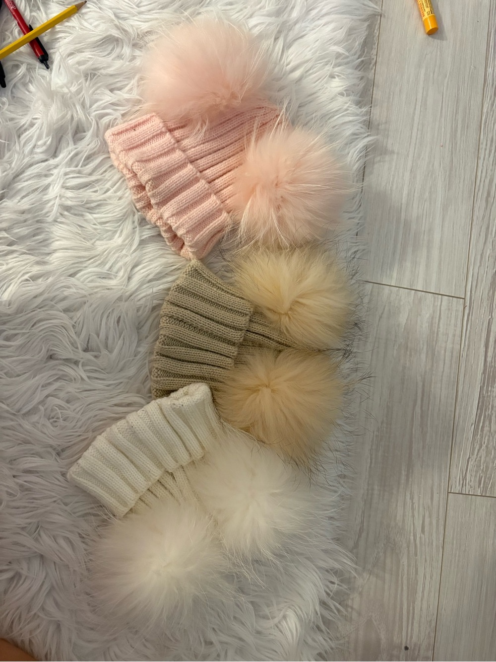 Kids Double Pom Knit Beanie - Pink, Beige, Cream